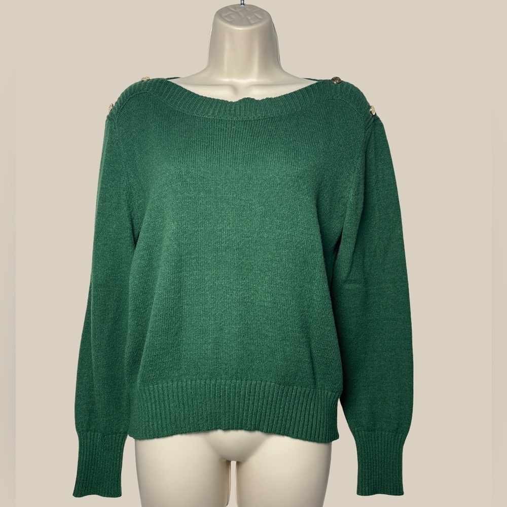 Draper James Women’s Green Knit Sweater Gold Button Shoulder Detail Holiday SZ M